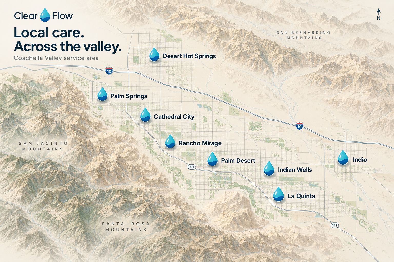 Illustrative Coachella Valley service-area map with water-drop markers for Desert Hot Springs, Palm Springs, Cathedral City, Rancho Mirage, Palm Desert, Indian Wells, La Quinta and Indio, between the San Jacinto, Santa Rosa and San Bernardino mountains.
